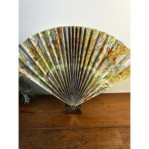VTG Decorative Paper Fan Animal Theme Tabletop Or Wall Mount In Brass Stand
